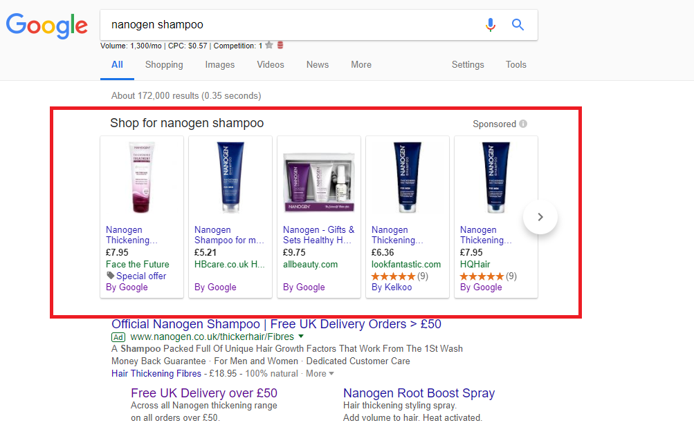 En esta imagen se puede ver la sección de la página de resultados en la que aparecen los productos de Google Shopping